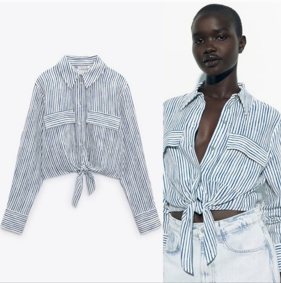 Zara Women's Striped Button Front Tie Long Sleeve Top Size XS - Picture 1 of 5